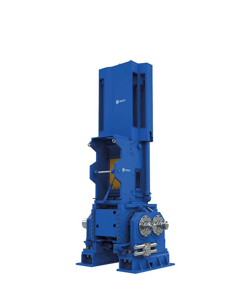 Large blue industrial mixer with high structure and visible mechanical components.