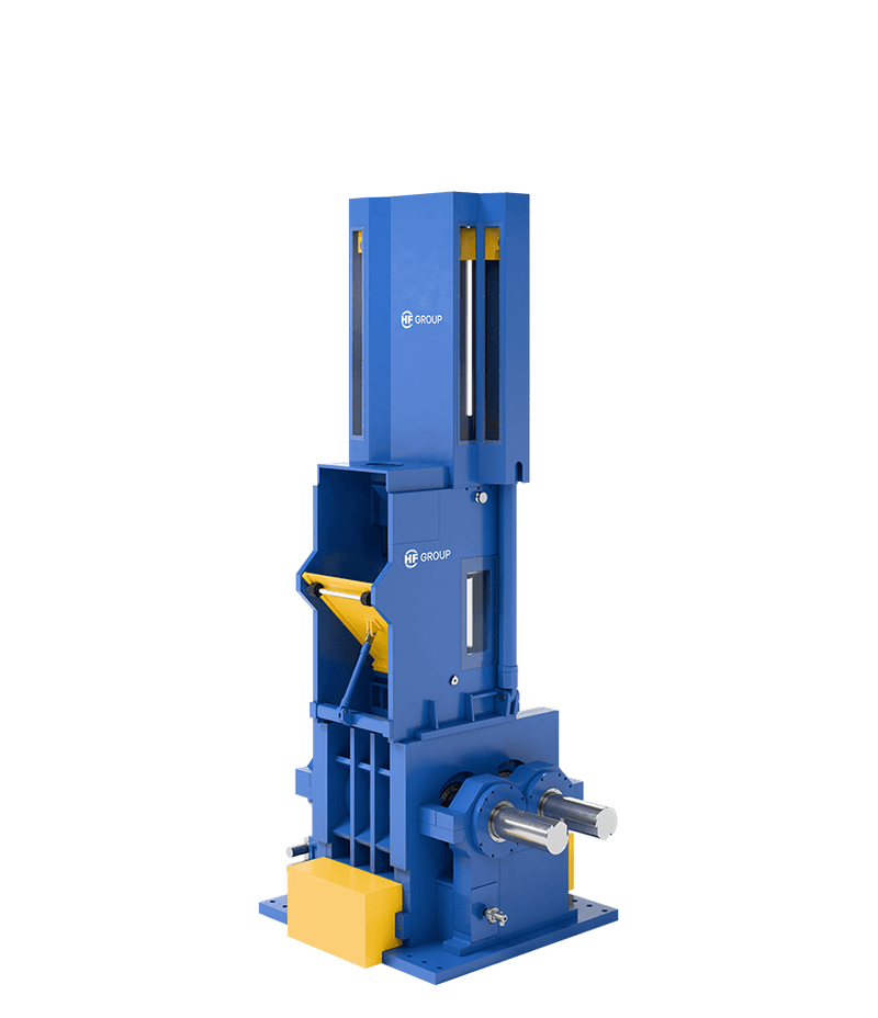 Tall blue industrial mixer with a filling funnel and metal shafts protruding from the sides.