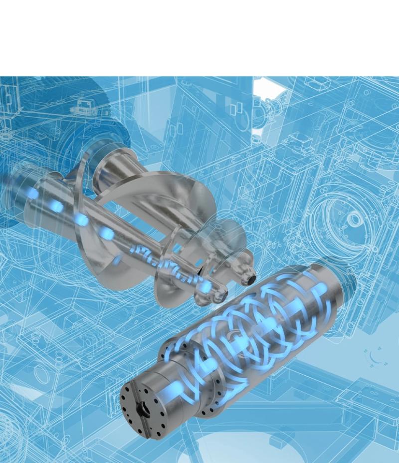 Metal cylinders with glowing blue pathways and intersecting gears, set against a blueprint background depicting complex machinery.