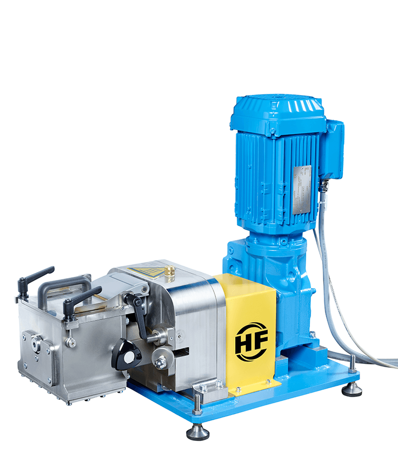 Compact blue laboratory mixer with motor drive, stainless steel housing, and yellow protective cover.