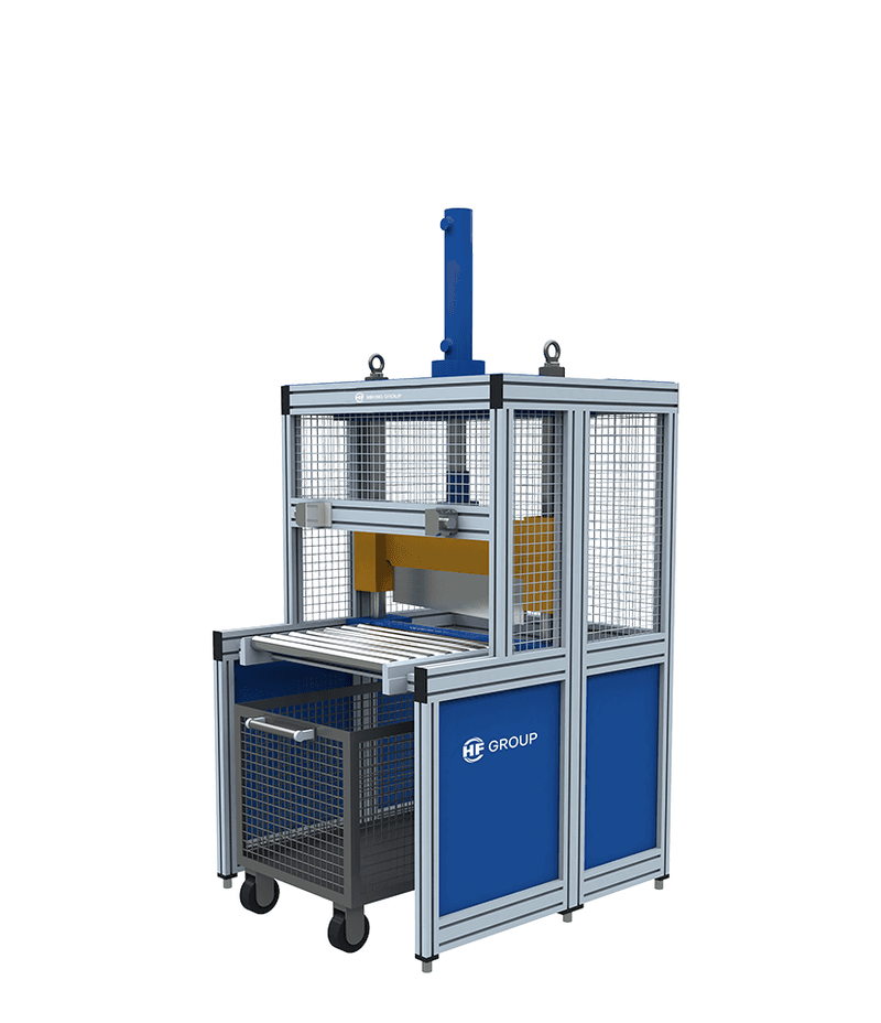 Bale-Cutter-Machine with metal frame, mesh guards, movable unit, and pull‑out mesh cart.