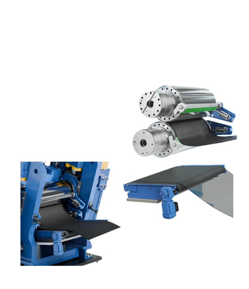 Industrial machinery components, including rollers and conveyor systems, in blue and silver, highlighted against a white background.