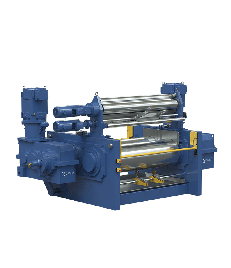 Blue mixing mill with three large rollers and side-mounted drives.