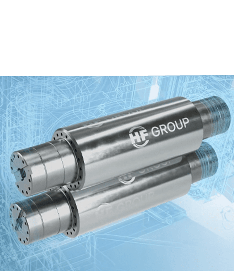 Two metallic cylindrical components with "HF Group" logo on a technical blueprint background.