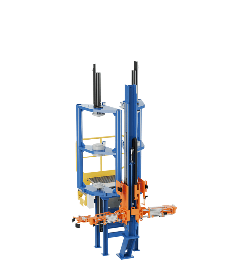 Vertical tyre curing press with lifting ram, platforms, and side tooling arm.