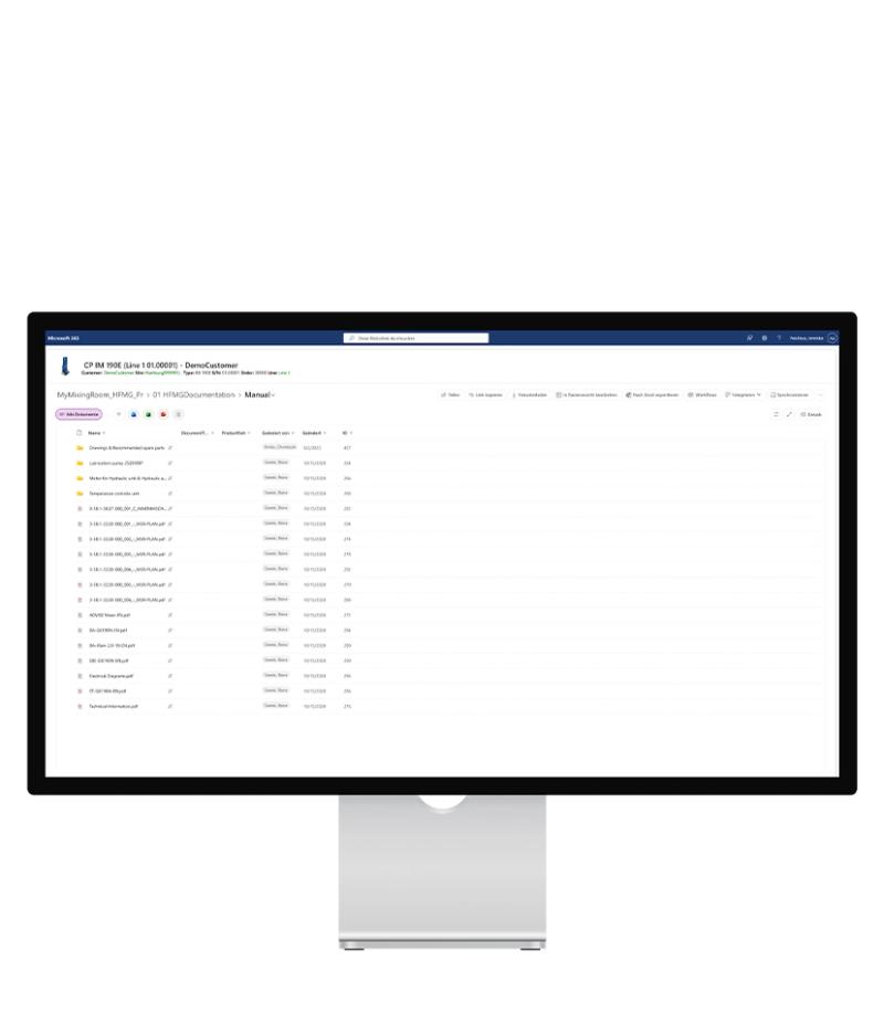 A computer monitor displaying a software interface with a list of documents, their sizes, and last modified dates, in a structured format.