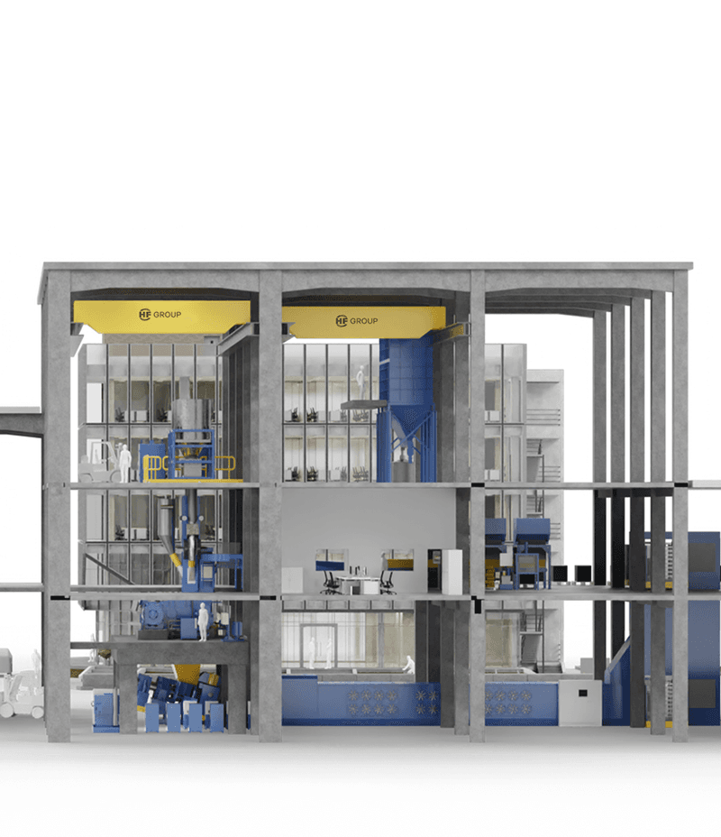 Large mixing room with several levels and technical assemblies.