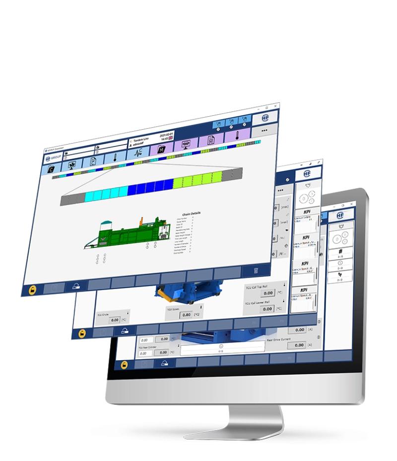 Computer monitor displaying layered interface screens with colorful charts and machinery diagrams, showcasing a software application.