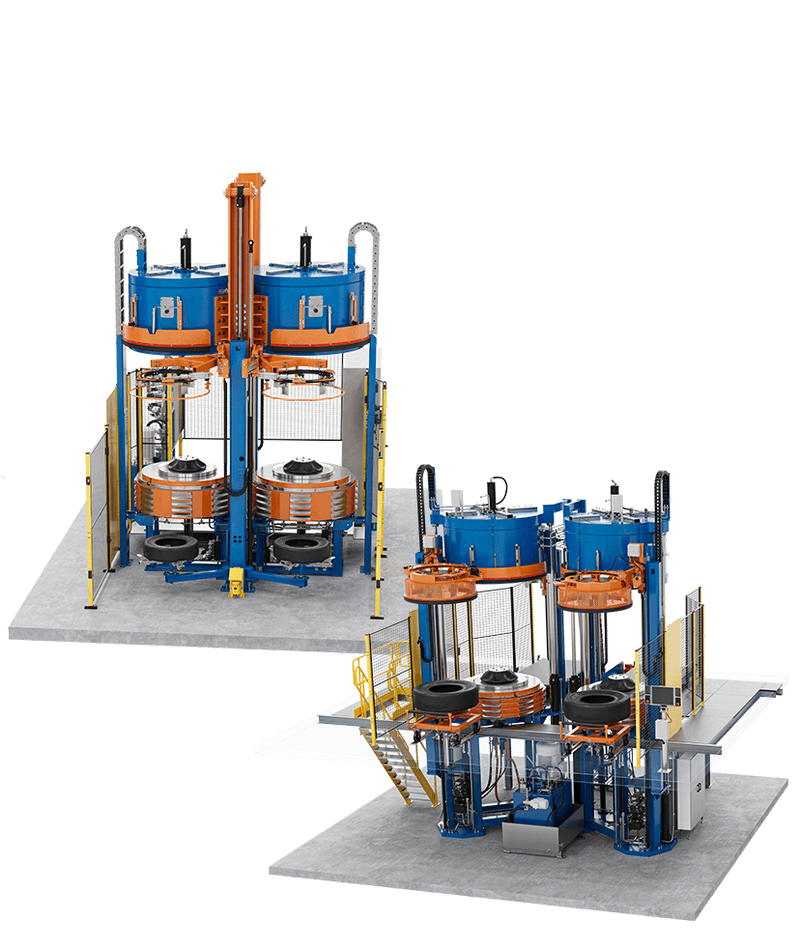Tyre curing press with two pressing stations, lifting systems and mounted tyre moulds.