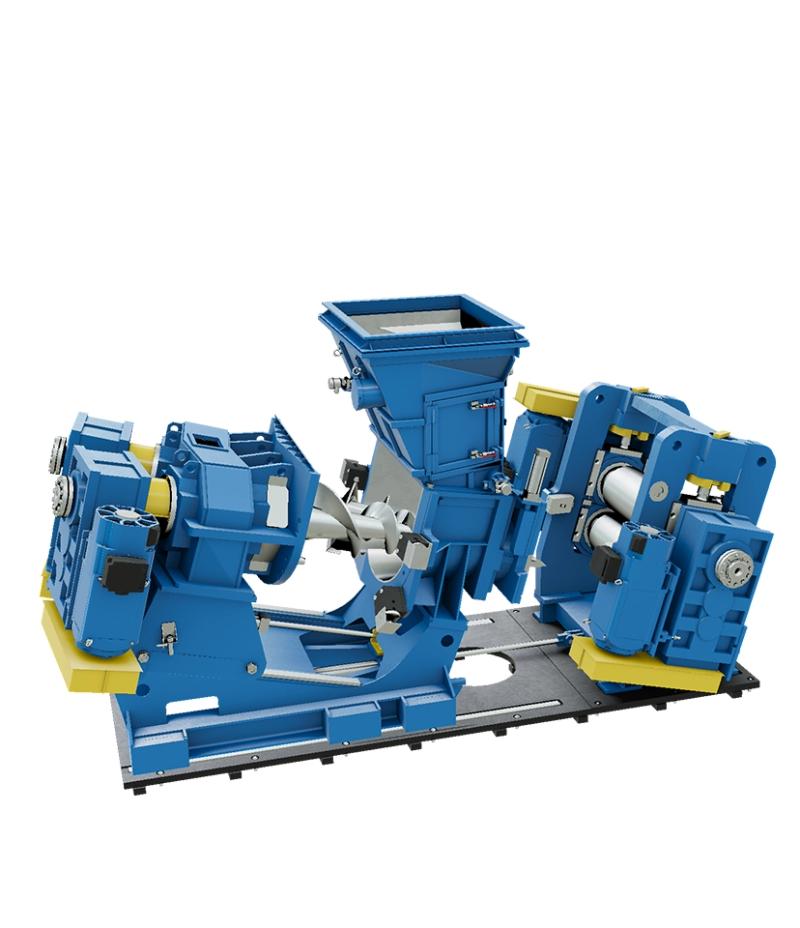 Blue industrial mixing machine with multiple components, including a hopper and rotating mechanisms, mounted on a platform.