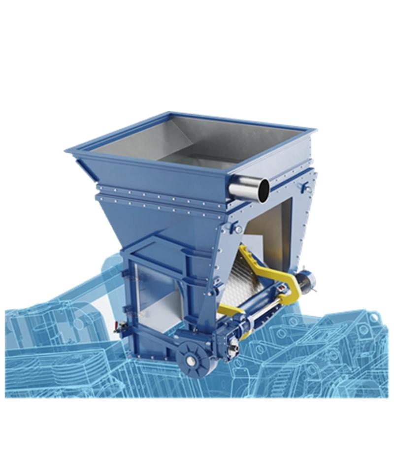 Blue industrial machine with a conical hopper and metal components, set against a technical blueprint background.