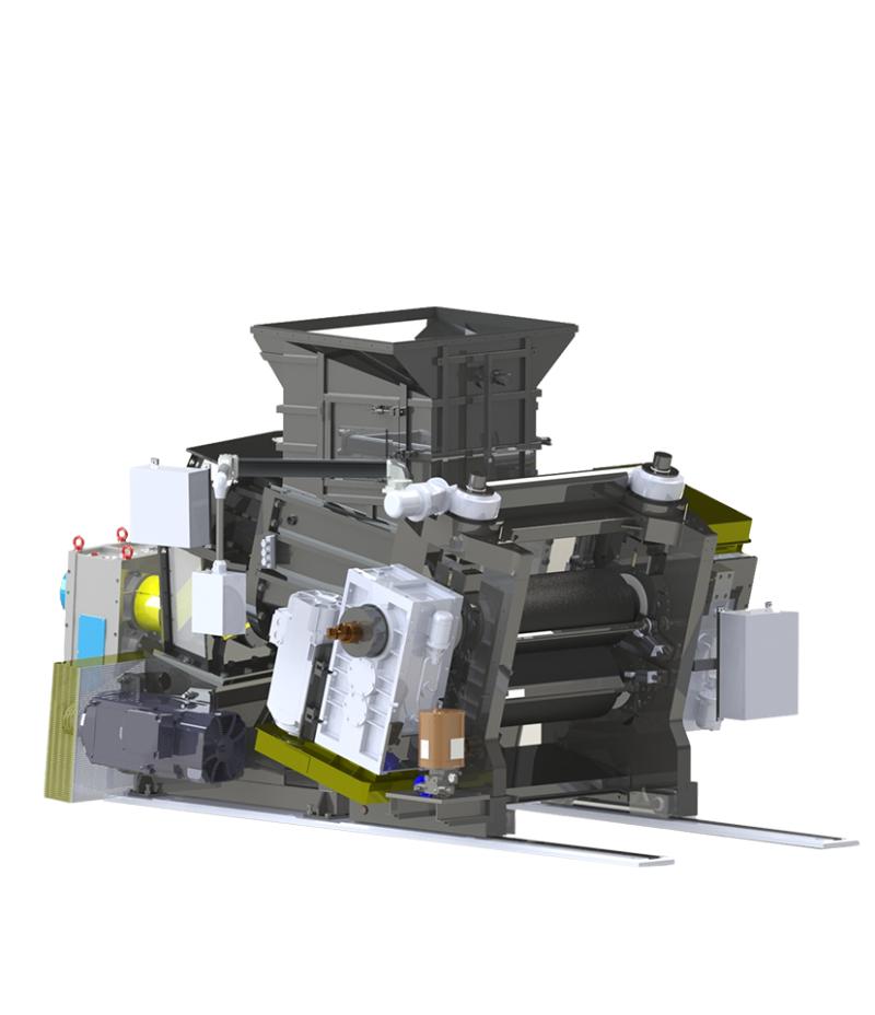 Industrial machine with multiple rollers and components, likely used for material processing or manufacturing, displayed at an angle.